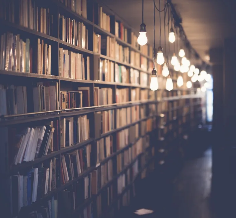 A library interior with rows of books and warm lighting